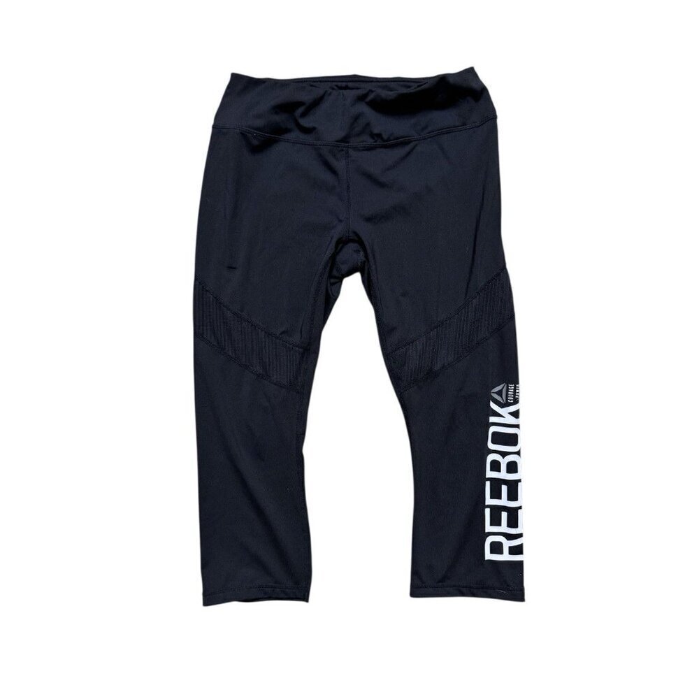 Reebok Black Capri Leggings Womens M Logo Print Cropped Mesh Panels